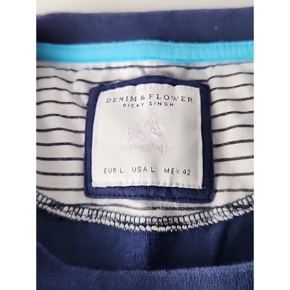 Denim & Flower Mens Navy Blue Ricky Singh Palm Trees Design T Shirt Size L - Picture 8 of 9